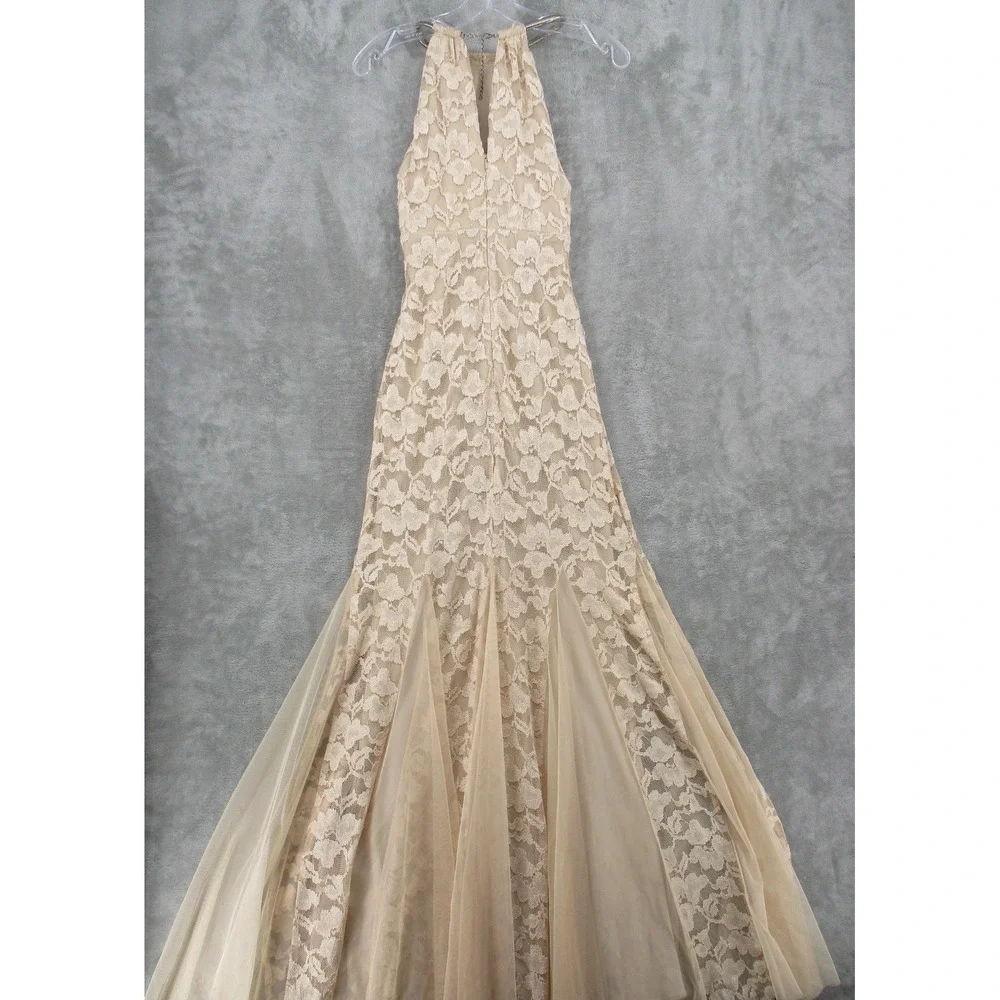 Xscape Dress Womens 4 Sheer Floral  Lace Trumpet Gown Feminine Wedding Lined Tan - Picture 4 of 14